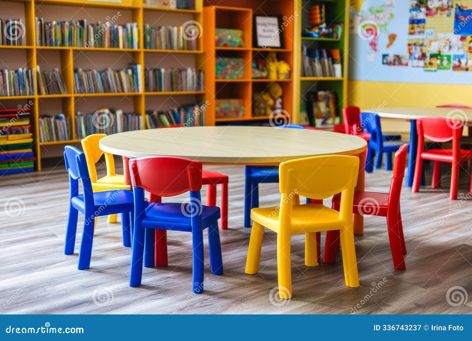 mesa y silla infantil en un entorno colorido