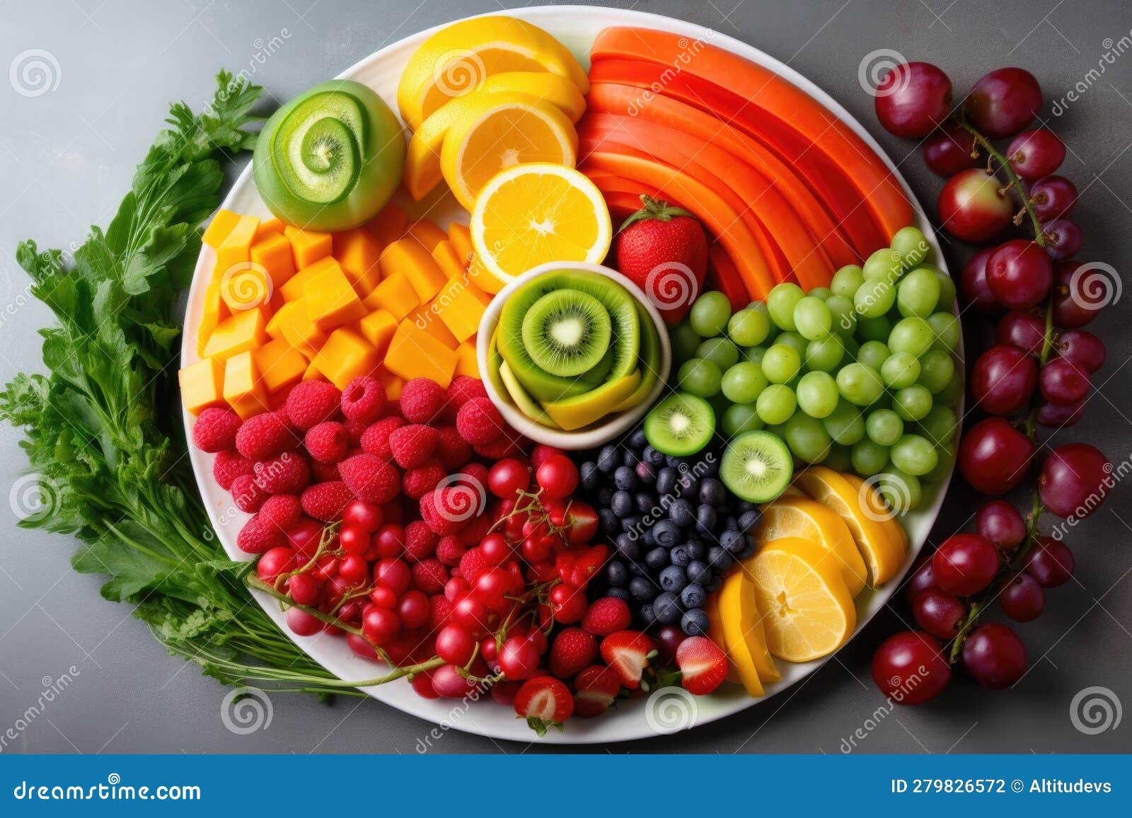 plato colorido de frutas y verduras frescas