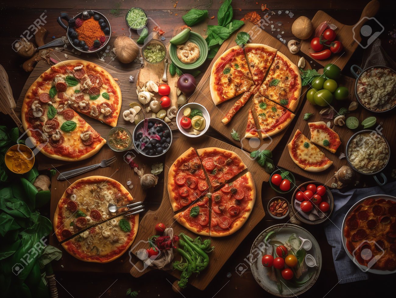 varias pizzas en una mesa colorida